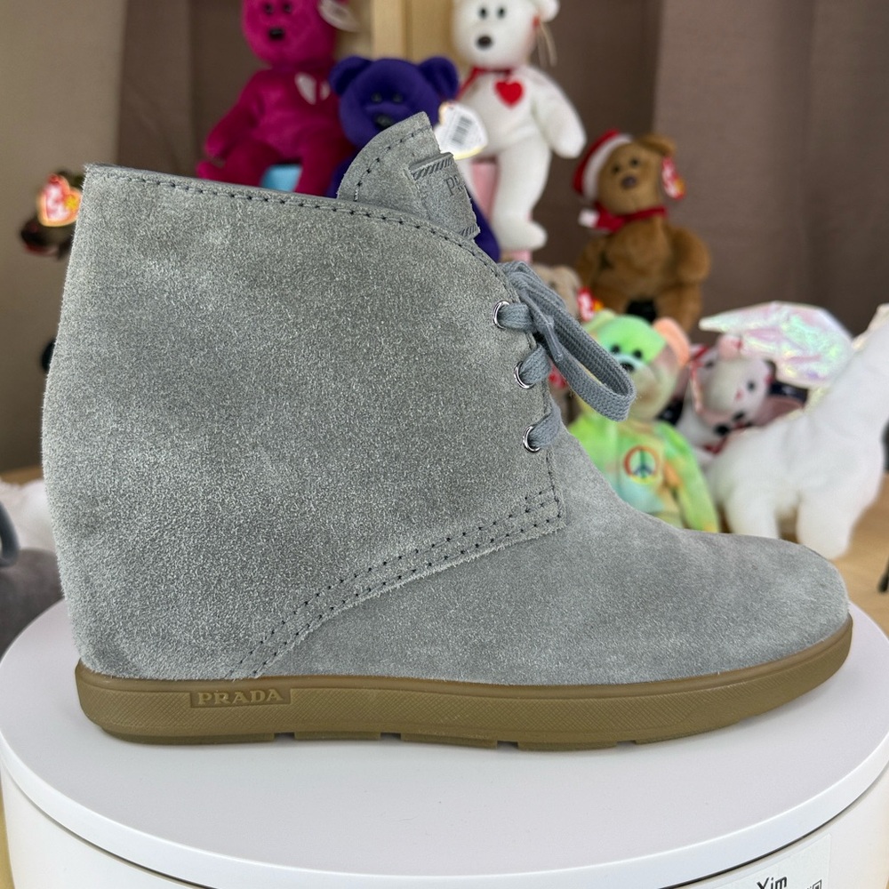 Prada - Grey Suede Lace-Up Desert Wedge Booties -… - image 6